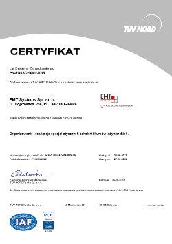 EMT-Systems certyfikat PN-EN ISO 9001:2015